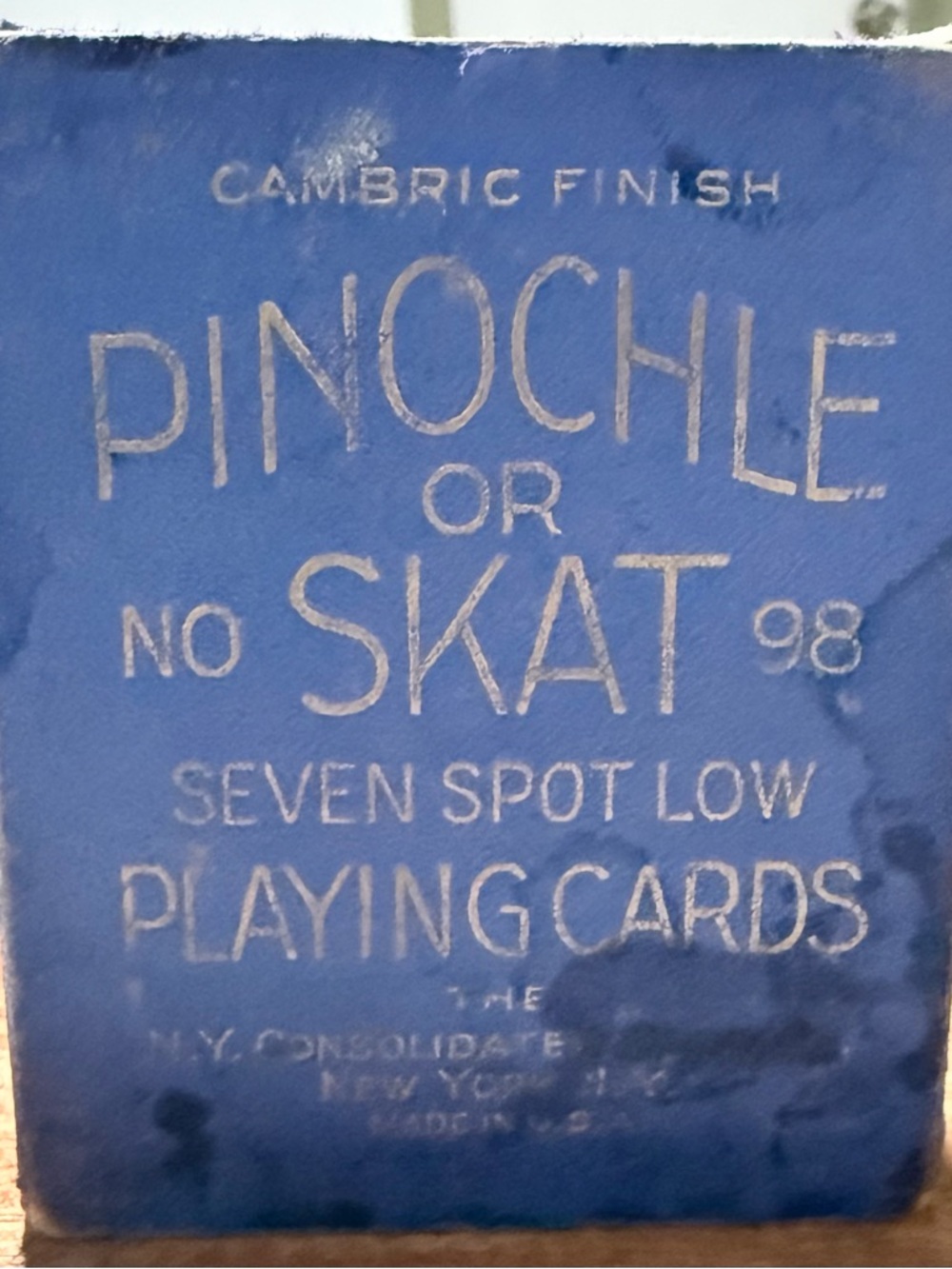 Vintage Pinochle Playing Card box with cards blue Cambric Finish No.98 Skat